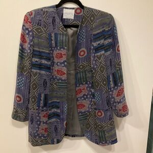 Doncaster Rayon Blue and Gray Aztec Patterned Open Front Blazer Sz 10